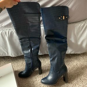 Navy blue,above knee, brand new, heeled boots S7.5